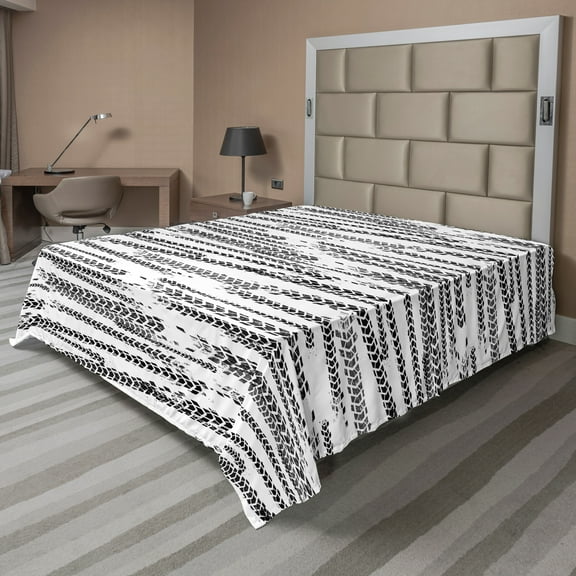 Ambesonne Abstract Flat Sheet, Grunge Theme Tire Tracks, Queen Size, White and Charcoal Grey