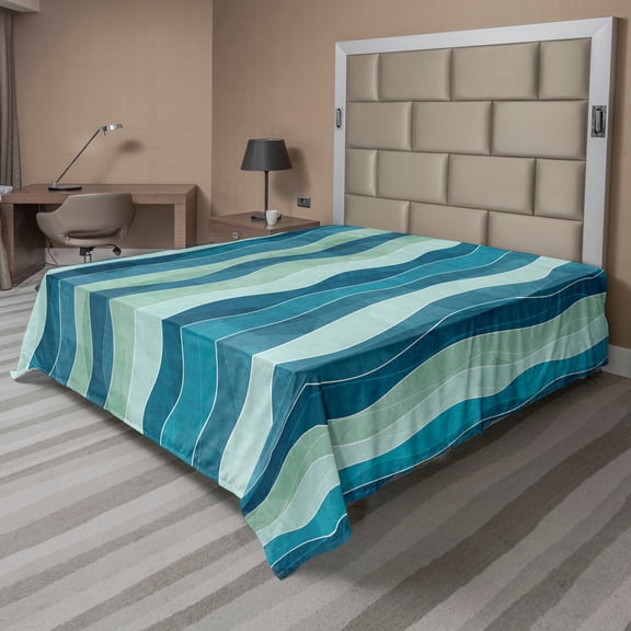 Ambesonne Abstract Flat Sheet, Grunge Wave Pattern, King Size, Blue and Almond Green