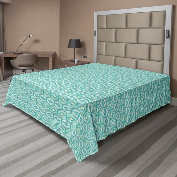 Ambesonne Abstract Flat Sheet, Hatched Rhomb and Hexagons, Full Size, Seafoam Cream