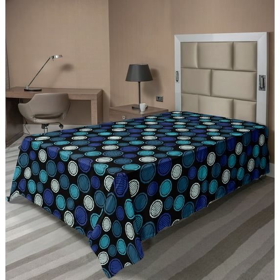 Ambesonne Abstract Flat Sheet, Hatched Rounds Blue Tones, TwinXL Size, Charcoal Grey and Multicolor