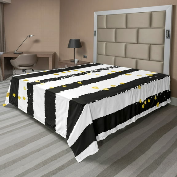 Ambesonne Abstract Flat Sheet, Hearts on Grunge Stripes, Full Size, Grey Yellow