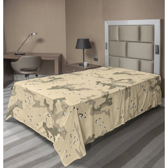 Ambesonne Abstract Flat Sheet, Hiding in Desert Camo, TwinXL Size, Pale Orange Army Green