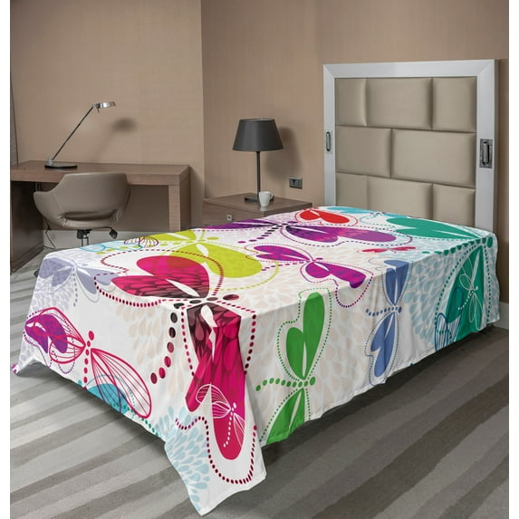 Ambesonne Abstract Flat Sheet, Hydrangea Dragonflies, TwinXL Size, Multicolor