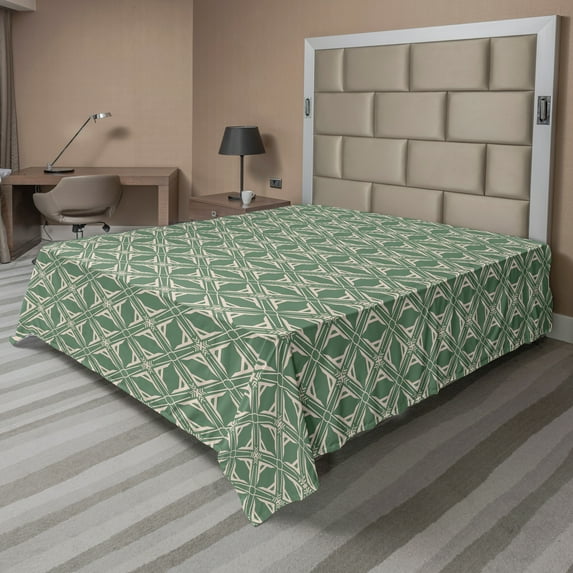 Ambesonne Abstract Flat Sheet, Irregular Squares Pattern, Full Size, Reseda Green Mustard