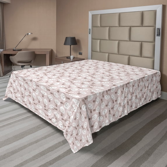 Ambesonne Abstract Flat Sheet, Items with Heart Filament, King Size, Warm Taupe Pale Eggshell