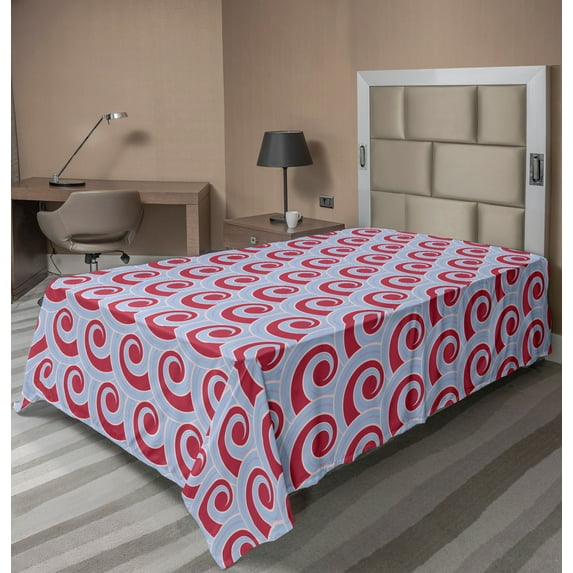 Ambesonne Abstract Flat Sheet, Japanese Style Wave Design, Twin Size, Pale Sky Blue Dark Pink