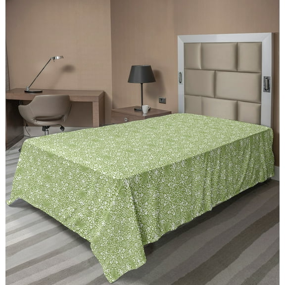 Ambesonne Abstract Flat Sheet, Jumble Monochrome Damask, TwinXL Size, Pale Olive Green White