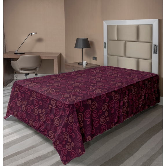 Ambesonne Abstract Flat Sheet, Lacy Like Swirl Motifs, Twin Size, Dark Fuchsia and Dried Rose