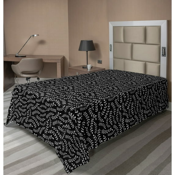 Ambesonne Abstract Flat Sheet, Laurel Plant Silhouettes, TwinXL Size, Charcoal Grey and Pearl