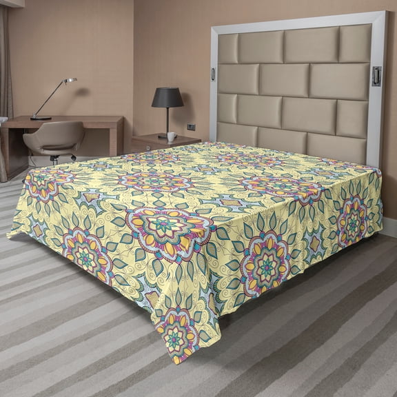 Ambesonne Abstract Flat Sheet, Mandala Pattern Oriental, King Size, Pale Yellow and Multicolor