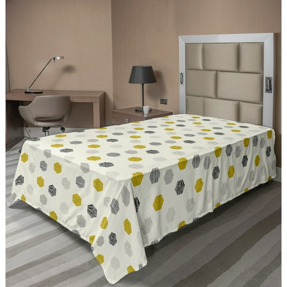 Ambesonne Abstract Flat Sheet, Minimalistic Hexagons Art, Twin Size, Ivory Dark Yellow