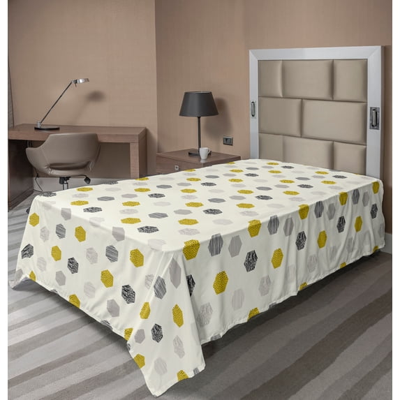 Ambesonne Abstract Flat Sheet, Minimalistic Hexagons Art, TwinXL Size, Ivory Dark Yellow