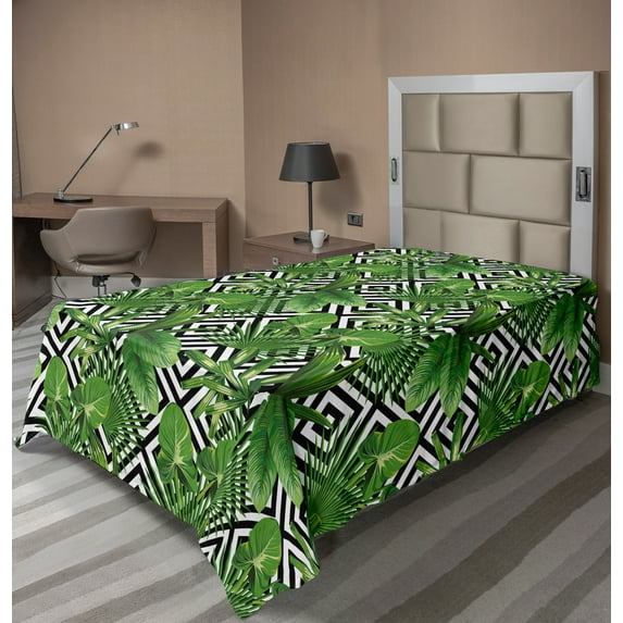 Ambesonne Abstract Flat Sheet, Modern Coconut Palm, Twin Size, Black White Hunter Green