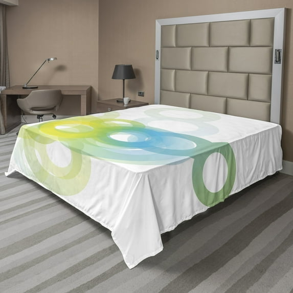 Ambesonne Abstract Flat Sheet, Modern Ombre Circle, Full Size, Blue White and Yellow