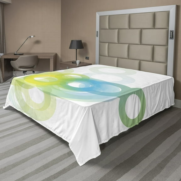 Ambesonne Abstract Flat Sheet, Modern Ombre Circle, King Size, Blue White and Yellow