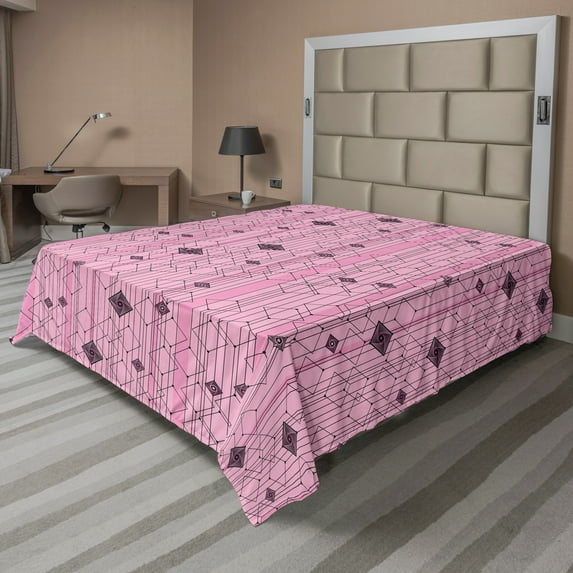 Ambesonne Abstract Flat Sheet, Modern Pink Geometric Art, California King, Pink Charcoal Grey