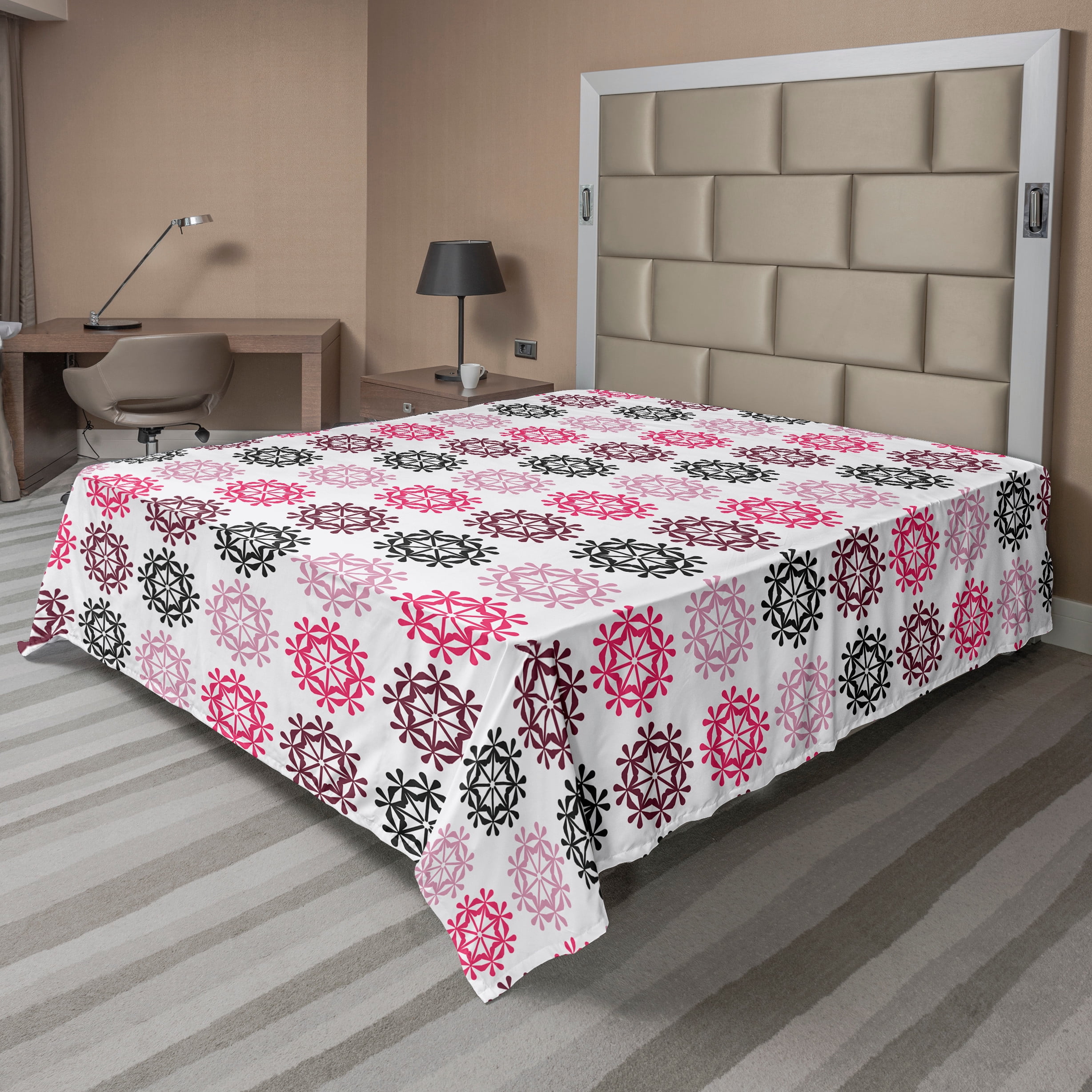 Queen Pink and White Floral Polyester Flat Sheet