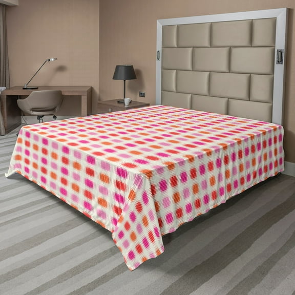 Ambesonne Abstract Flat Sheet, Modern Square Lines Art, King Size, Ivory Vermilion