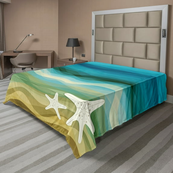 Ambesonne Abstract Flat Sheet, Modern Waves Starfish, California King, Blue Beige