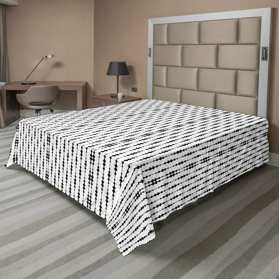 Ambesonne Abstract Flat Sheet, Monochrome Lines Dots, California King, Black White