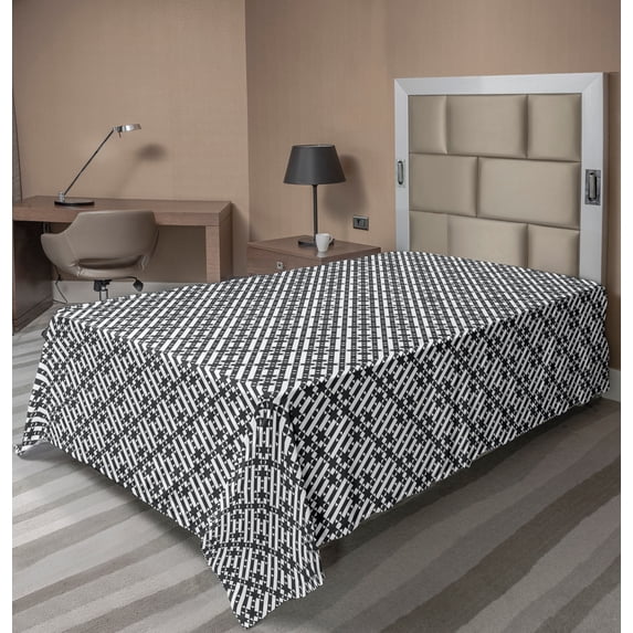Ambesonne Abstract Flat Sheet, Monochrome Stars and Lines, TwinXL Size, Dark Grey and White