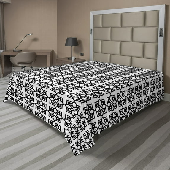 Ambesonne Abstract Flat Sheet, Monochrome Vintage Motif, King Size, Charcoal Grey and White