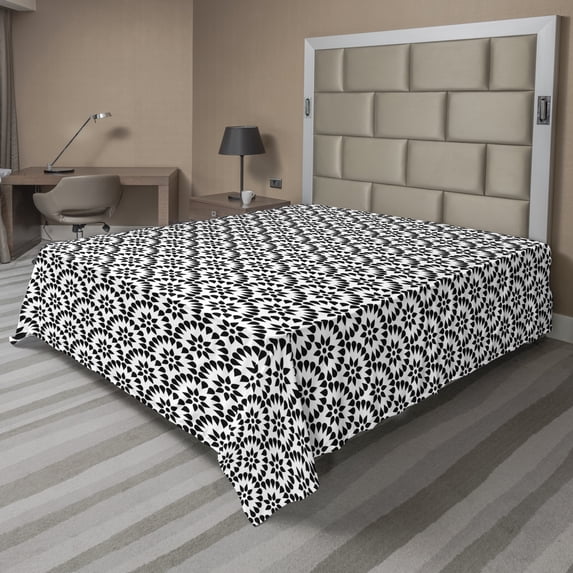 Ambesonne Abstract Flat Sheet, Monotone Round Leafy Items, Full Size, Charcoal Grey and White