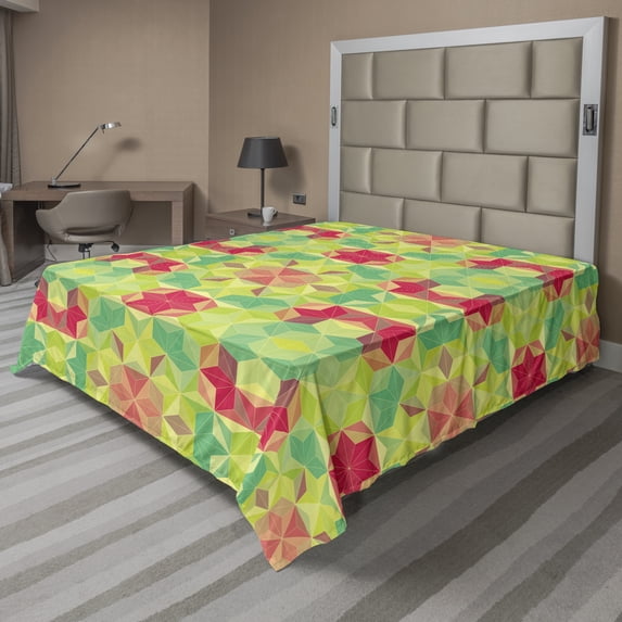 Ambesonne Abstract Flat Sheet, Mosaic Cubes Hexagon, Full Size, Multicolor