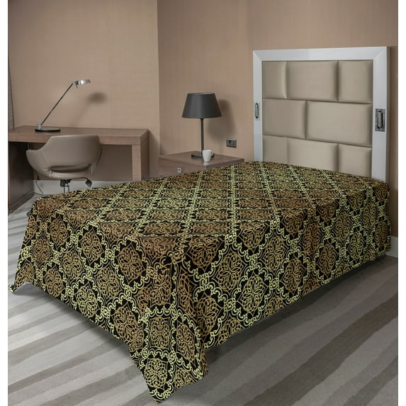Ambesonne Abstract Flat Sheet, Oriental Damask Motifs, Twin Size, Charcoal Grey Almond