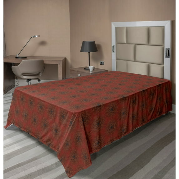 Ambesonne Abstract Flat Sheet, Oriental Psychedelic Art, TwinXL Size, Vermilion Dark Taupe
