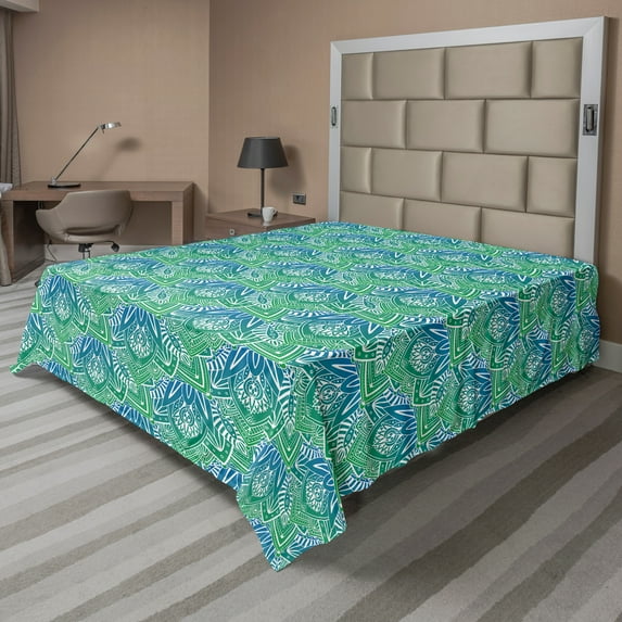 Ambesonne Abstract Flat Sheet, Ornamental Orient Motifs, King Size, Sea Blue Jade Green