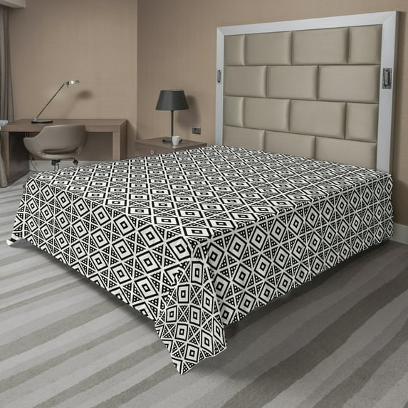Ambesonne Abstract Flat Sheet, Ornamental Rhombus Concept, King Size, Grey and White