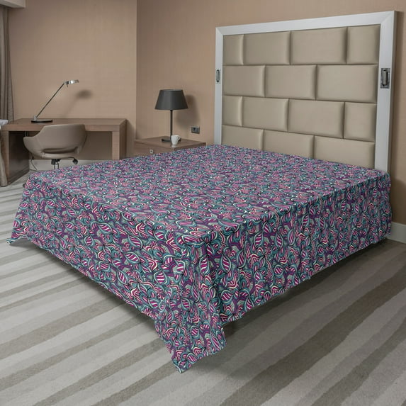 Ambesonne Abstract Flat Sheet, Ornamental Wavy Lines, Full Size, Fuchsia Slate Blue Cream