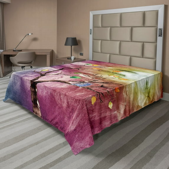 Ambesonne Abstract Flat Sheet, Owl on Tree, Queen Size, Multicolor