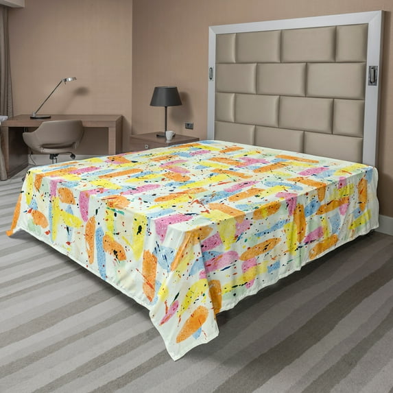 Ambesonne Abstract Flat Sheet, Paint Blobs Drips Design, California King, Multicolor