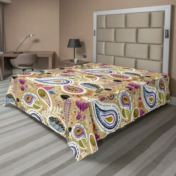 Ambesonne Abstract Flat Sheet, Paisley Inspired Motifs, King Size, Pale Camel Multicolor