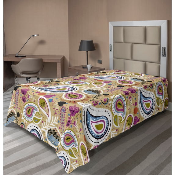 Ambesonne Abstract Flat Sheet, Paisley Inspired Motifs, TwinXL Size, Pale Camel Multicolor