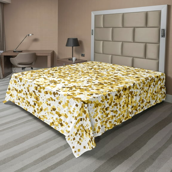 Ambesonne Abstract Flat Sheet, Party Squares, California King, Caramel Yellow and White
