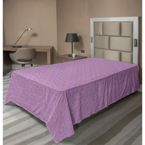 Ambesonne Abstract Flat Sheet, Pastel Dots Wavy Stripes, TwinXL Size, Pale Lilac Multicolor