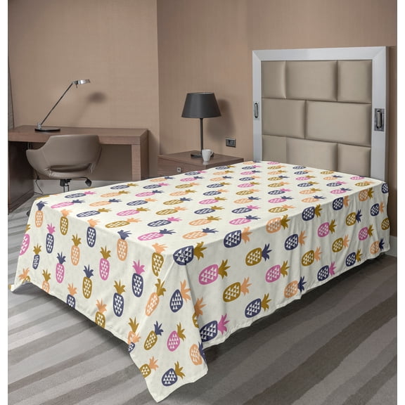Ambesonne Abstract Flat Sheet, Pineapples with Polka Dots, TwinXL Size, Multicolor