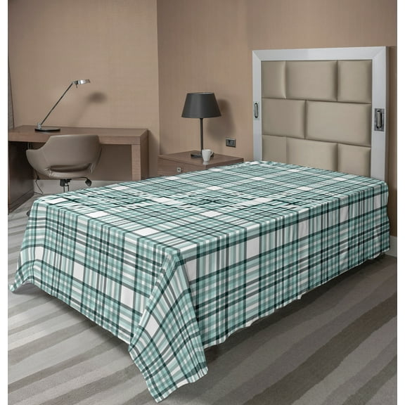 Ambesonne Abstract Flat Sheet, Plaid Check Hatched Stripe, Twin Size, Mint Green Dark Teal