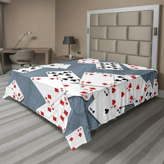 Ambesonne Abstract Flat Sheet, Playing Cards, Queen Size, Slate Blue Red Black