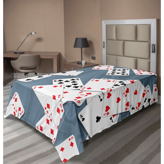 Ambesonne Abstract Flat Sheet, Playing Cards, Twin Size, Slate Blue Red Black
