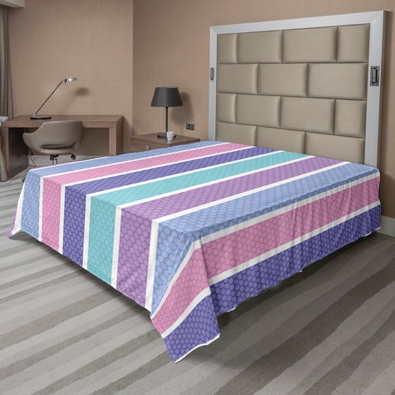 Ambesonne Abstract Flat Sheet, Polka Dot with Stripes, Queen Size, Violet and Violet Blue