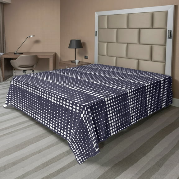 Ambesonne Abstract Flat Sheet, Polka Dotted Flows Pattern, King Size, Dark Indigo and White