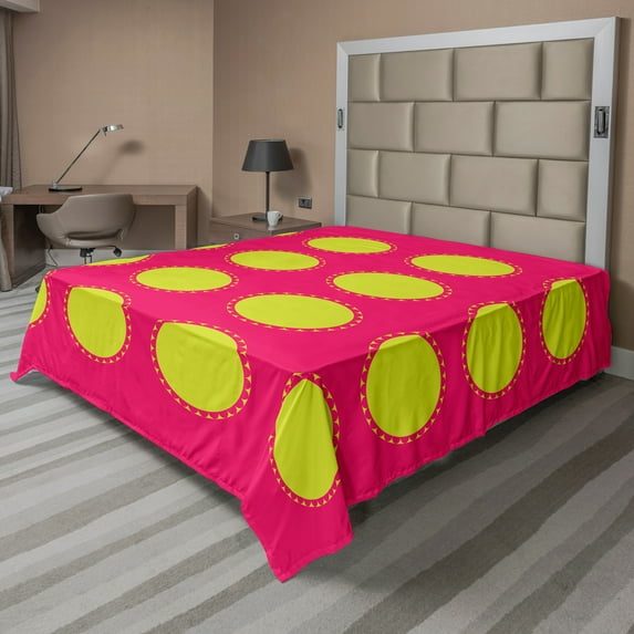 Ambesonne Abstract Flat Sheet, Pop Art Pattern Circles, Full Size, Lime Green Hot Pink