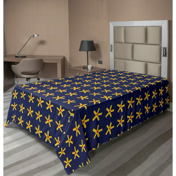 Ambesonne Abstract Flat Sheet, Prehistoric Style Stars Art, TwinXL Size, Indigo Yellow