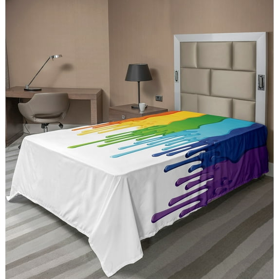 Ambesonne Abstract Flat Sheet, Rainbow Colored Paint, TwinXL Size, Multicolor