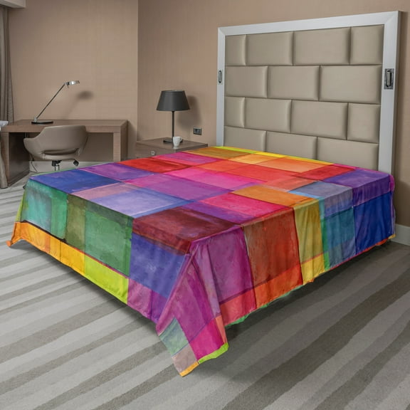 Ambesonne Abstract Flat Sheet, Rainbow Colors Squares, California King, Multicolor