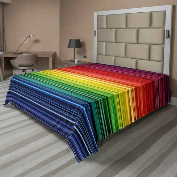 Ambesonne Abstract Flat Sheet, Rainbow Stripes Neon, King Size, Multicolor